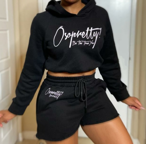 Mya Cropped Top Hoodie + Shorts Set Black/White